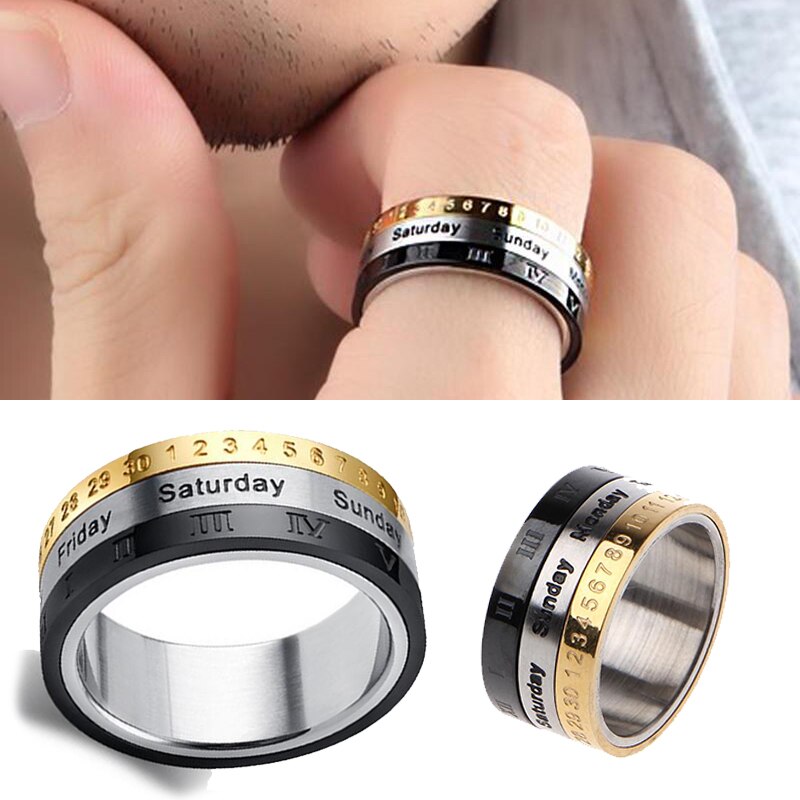 Titanium Steel Cool Punk Spinner Creative Rotatable 3 Part Roman Numerals Ring