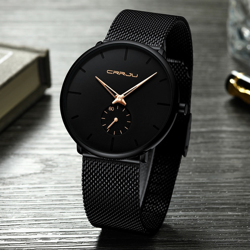 CRRJU Fashion Luxury Slim Mesh Steel Waterproof Mens Watch