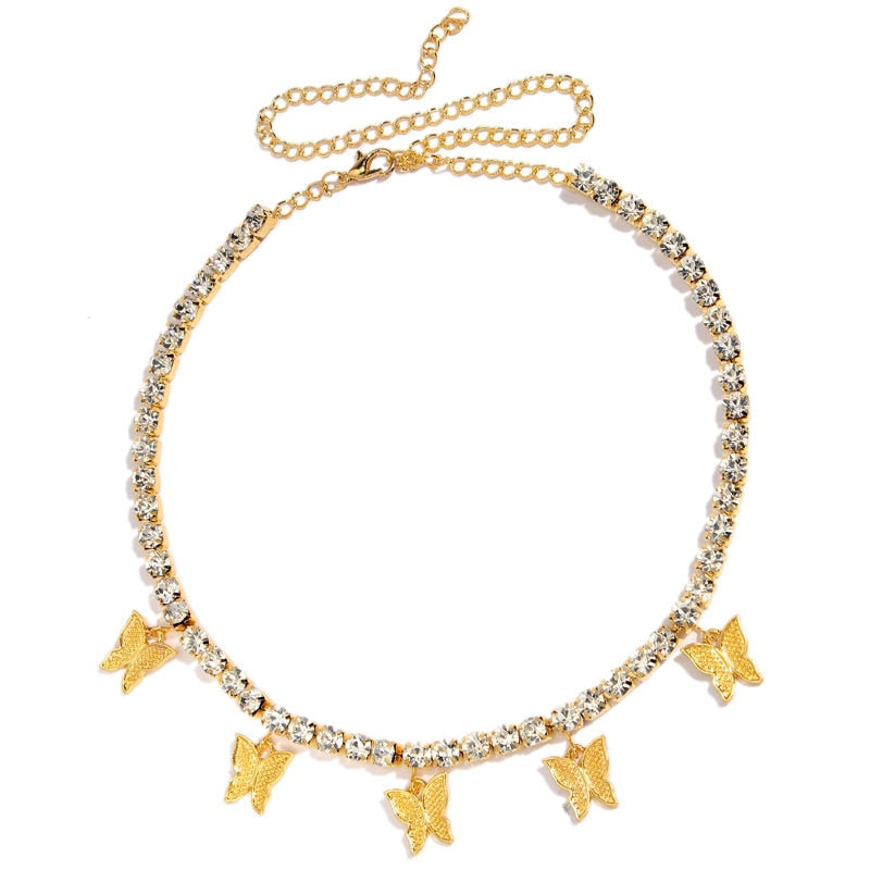 Gold Silver Color Butterfly Pendant Necklace Female Shiny Crystal Clavicle Chain Necklace