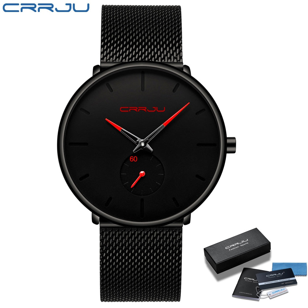 CRRJU Fashion Luxury Slim Mesh Steel Waterproof Mens Watch