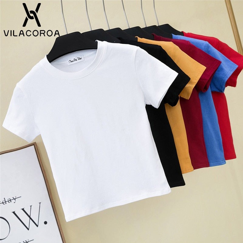 Crop Top Female Solid Cotton O-Neck Short Sleeve T-Shirt