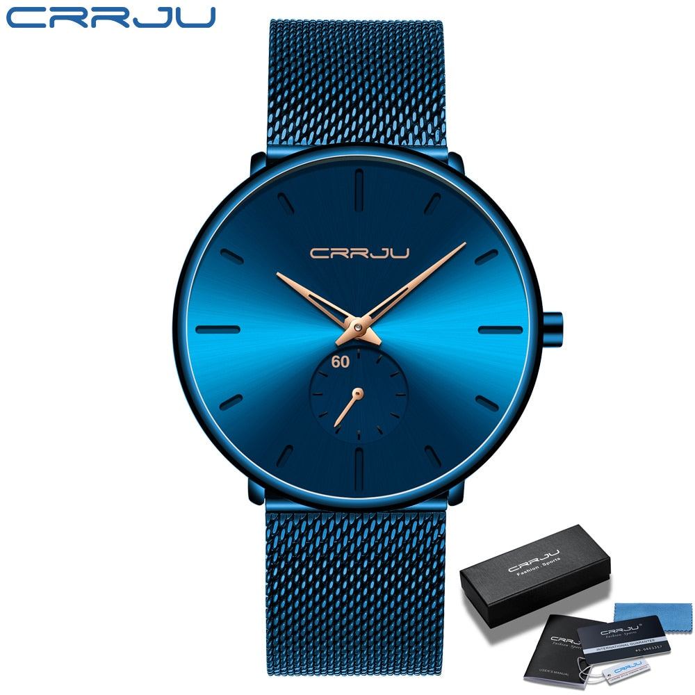 CRRJU Fashion Luxury Slim Mesh Steel Waterproof Mens Watch