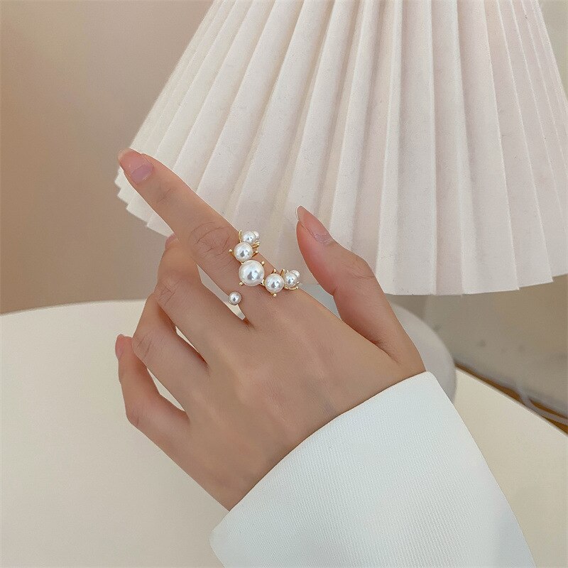 Fashion Big Geometric Pearl Paved Adjustable Ring