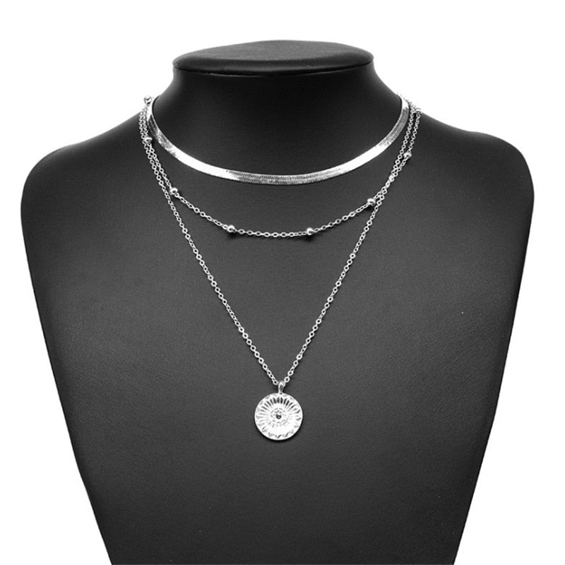 Fashion Layered Blade Snake Chain Silver Gold Coin Pendant Necklace