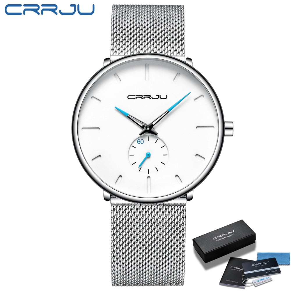 CRRJU Fashion Luxury Slim Mesh Steel Waterproof Mens Watch