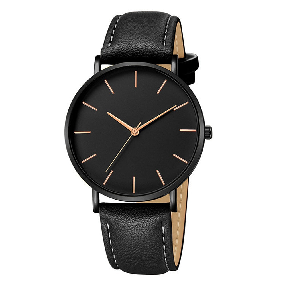 New Fashion Simple Leather Gold Silver Dial Men Quartz Watch