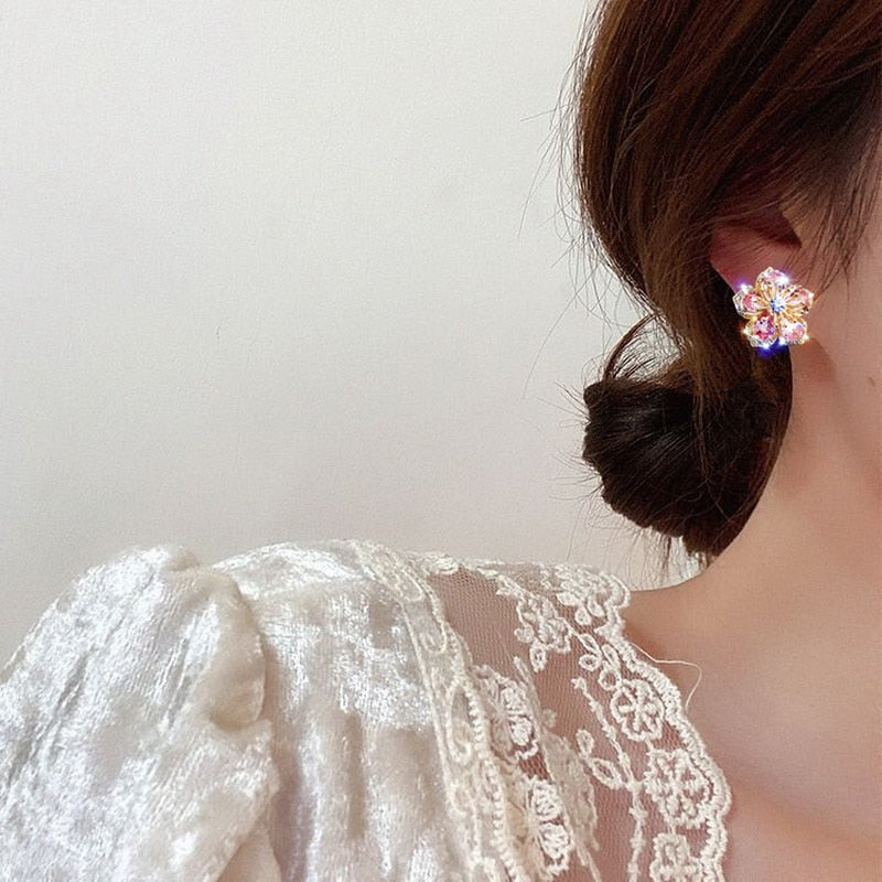 Korea Flower Crystal Temperament Geometric Shiny Zircon Earrings