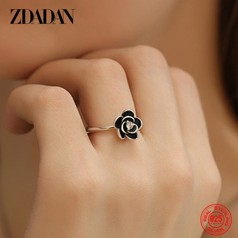 ZDADAN 925 Sterling Silver Charm Black Rose Flower Zircon Ring