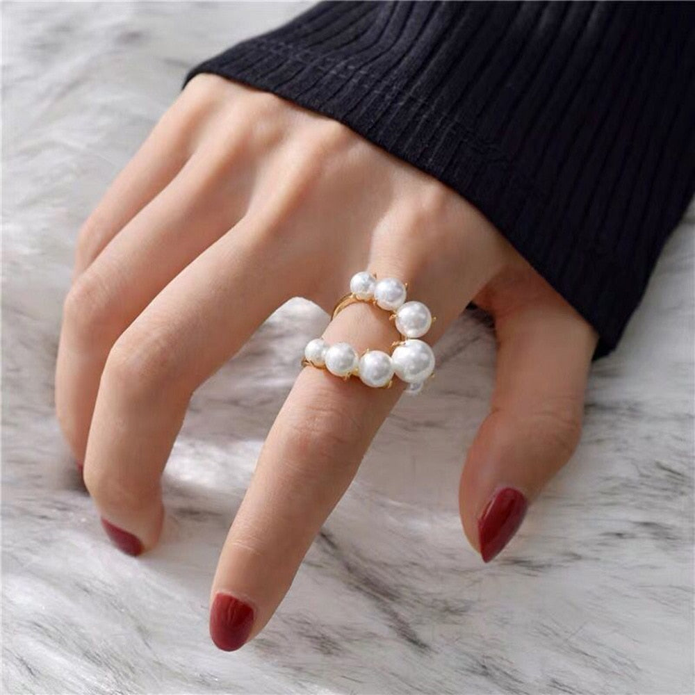 Fashion Big Geometric Pearl Paved Adjustable Ring