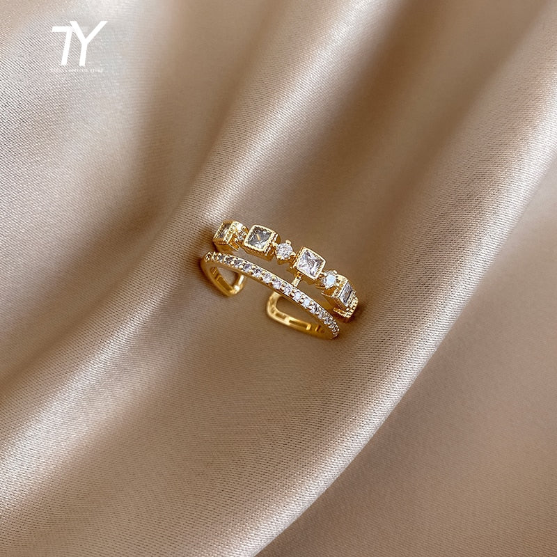 Luxury Zircon Gold Color Double Student Open Rings
