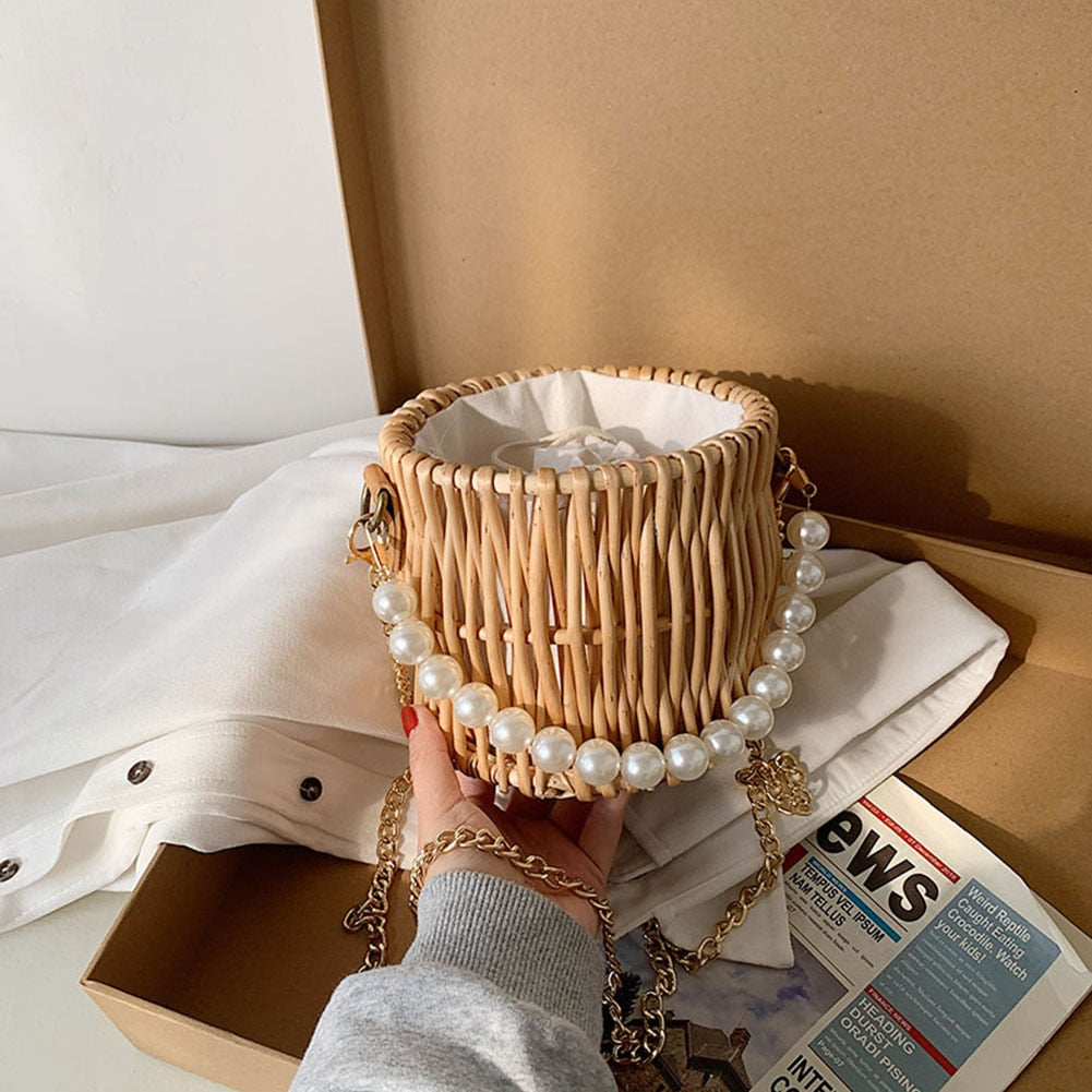 Straw Rattan Handmade Pearl Beads Tote Bag