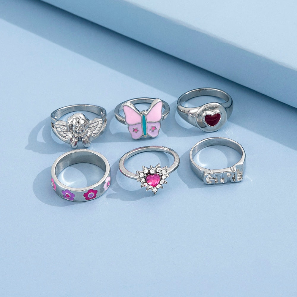 Aprilwell Cute Pink Butterfly Ring Set for Women