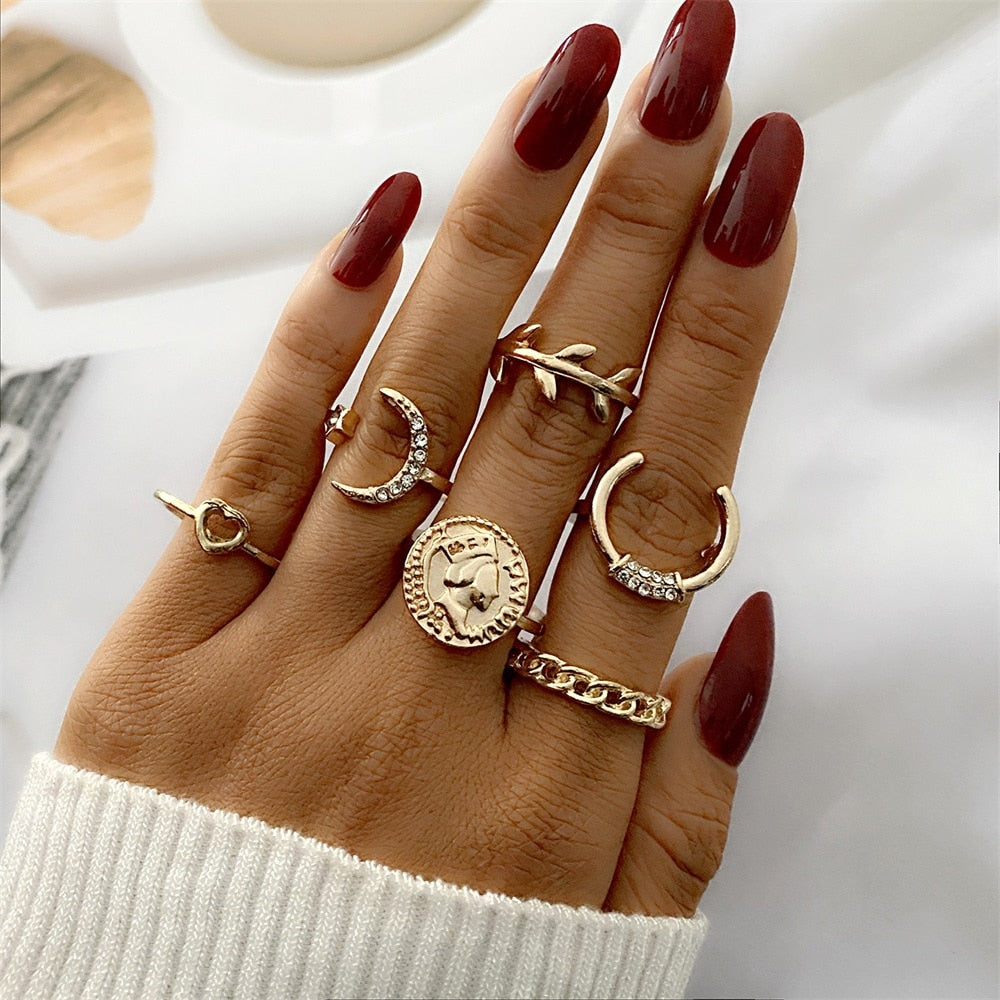 FNIO Bohemian Gold Color Chain Rings Set
