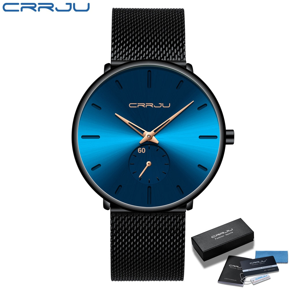 CRRJU Fashion Luxury Slim Mesh Steel Waterproof Mens Watch