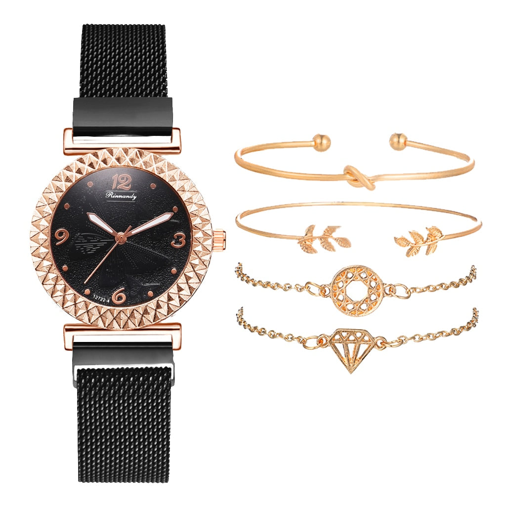 5PCS Women Set Luxury Rose Gold Dress Quartz Watch Bracelet