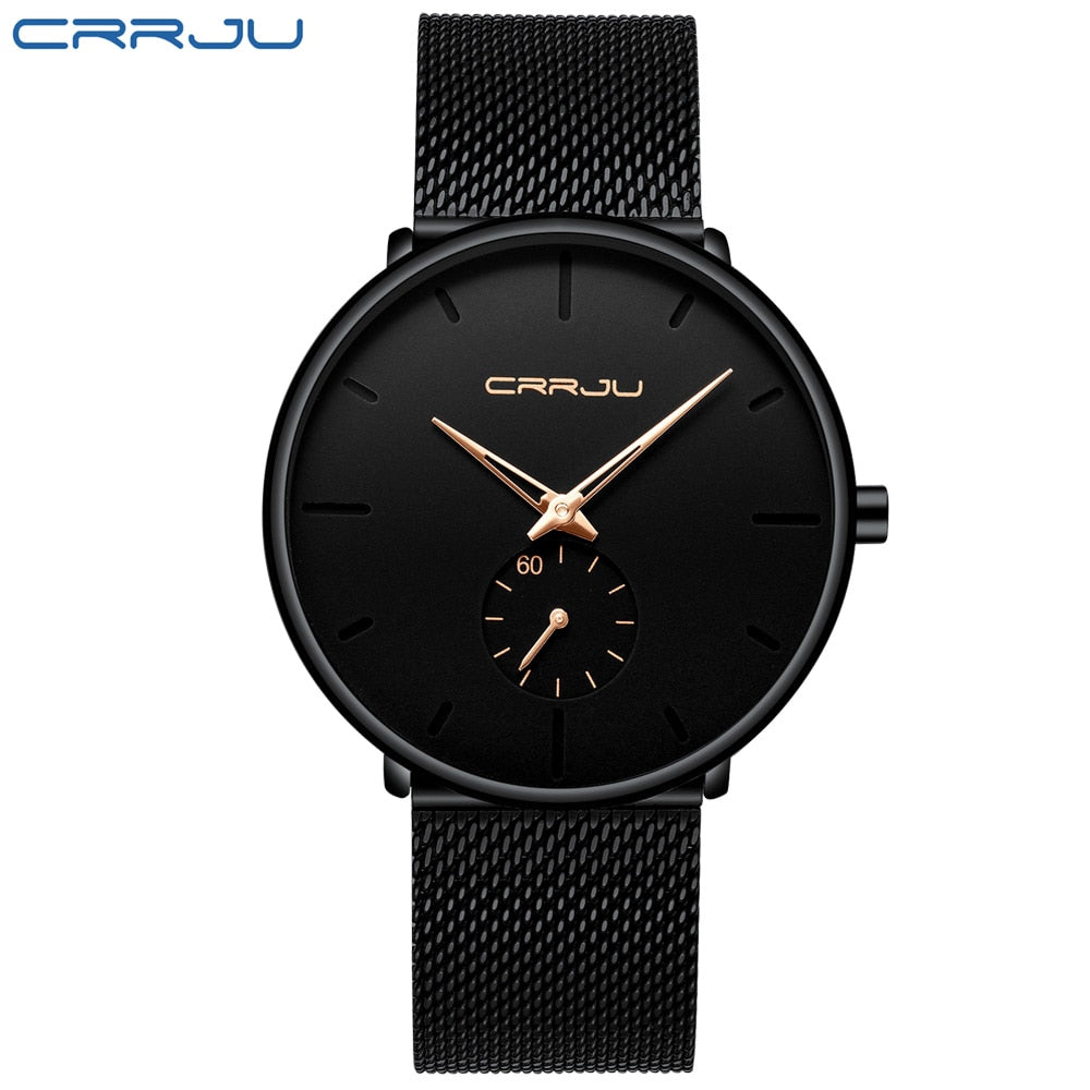 CRRJU Fashion Luxury Slim Mesh Steel Waterproof Mens Watch