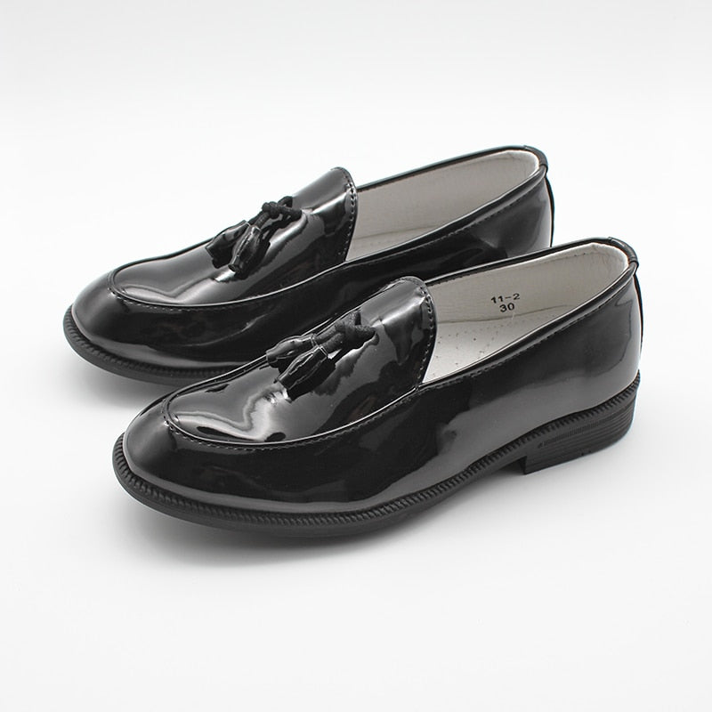 Boys Dress Shoes Black Faux Leather Slip On Tassel Boy Loafers