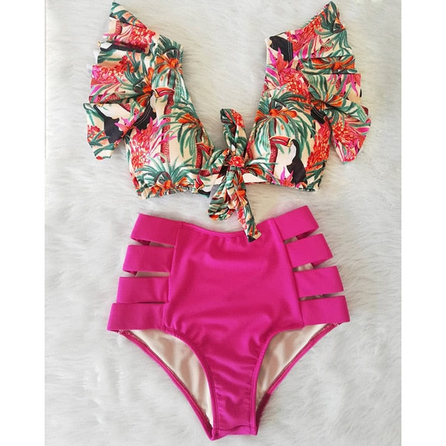 Floral Beachwear V-Neck High Waist Ruffled Sexy Bikini Set