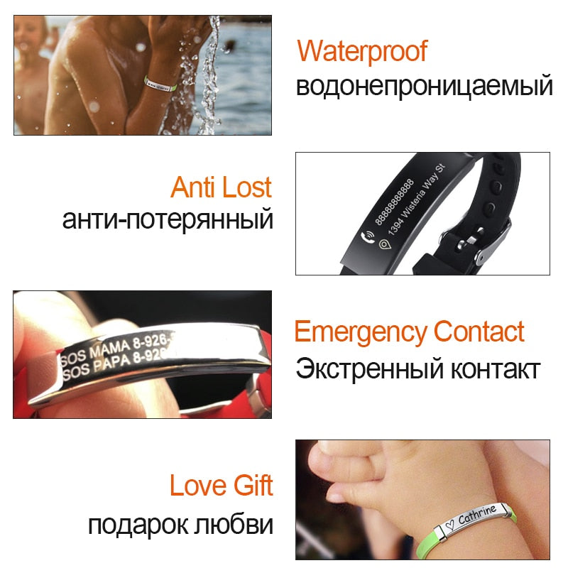 Vnox Personalize Soft Silicone Rudder Stainless Steel Kids Baby ID Bracelets