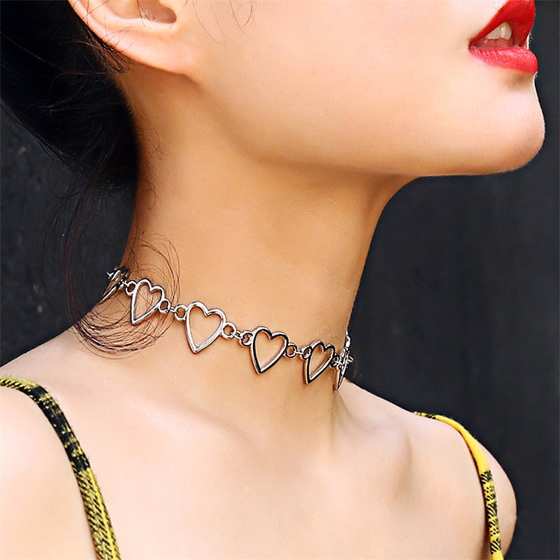 Kpop Vintage Metal Heart Neck Chains Choker Grunge Necklaces