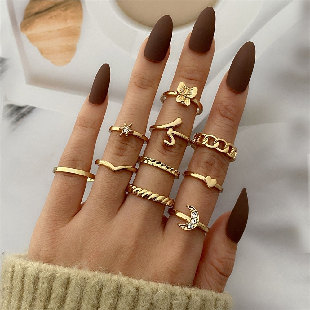 FNIO Bohemian Gold Color Chain Rings Set