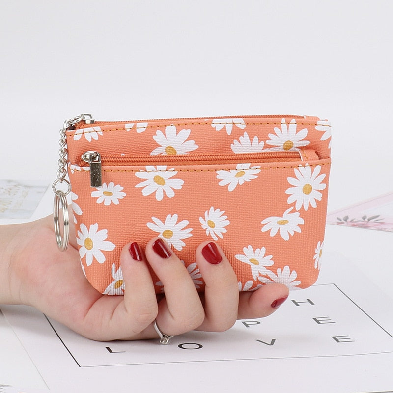 Daisy Print Coin Purse Women Mini Wallets Clutch With Zipper Keychain Small Coin Pouch Bag Female Pouch Key Card Holder Wallet
