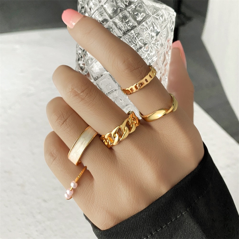 FNIO Bohemian Gold Color Chain Rings Set