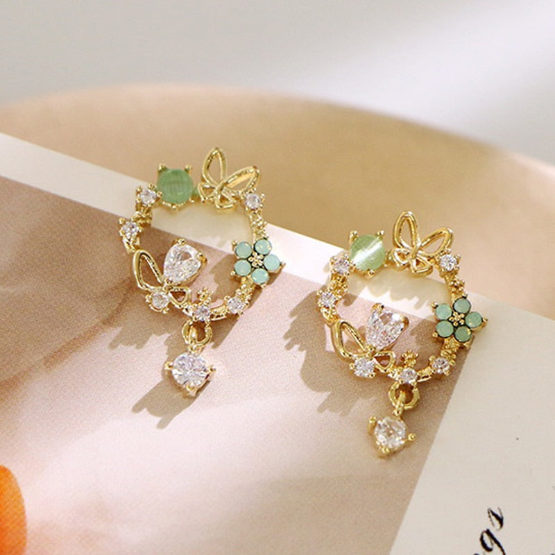 Korea Flower Crystal Temperament Geometric Shiny Zircon Earrings