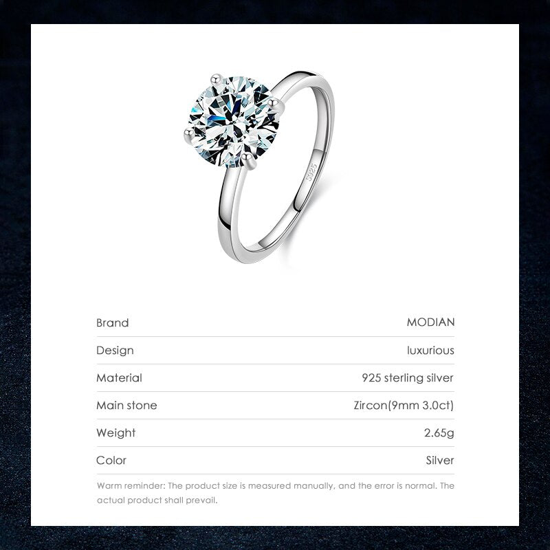 Modian 100% Real 925 Sterling Silver Classic Clear 3CT CZ Finger Ring