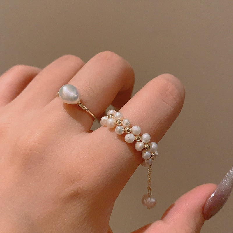 Fashion Big Geometric Pearl Paved Adjustable Ring
