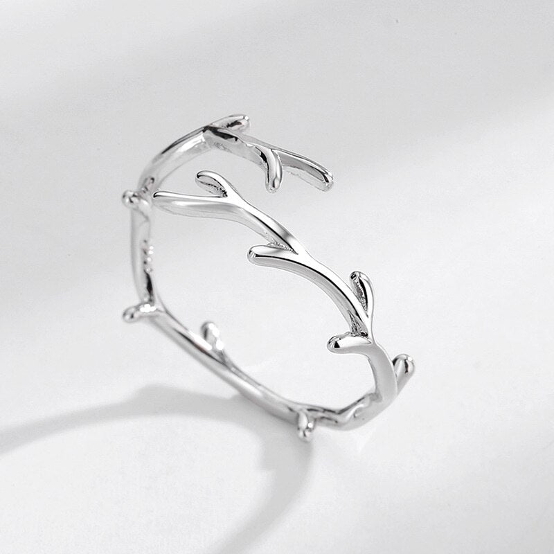 QMCOCO Simple Branch Leaf Thin Ring Silver Color Open Adjustable