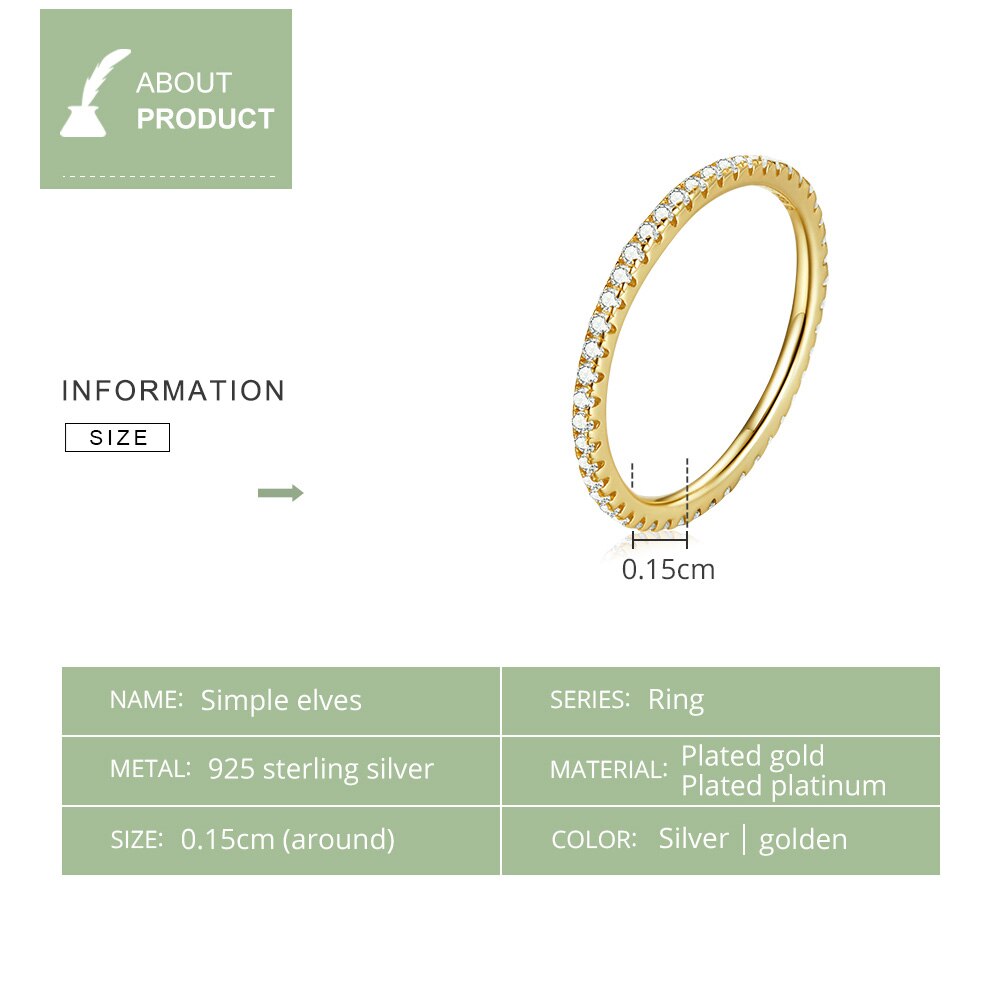 925 Sterling Silver Simple Elves Plated Gold Dazzling CZ Stone Finger Ring