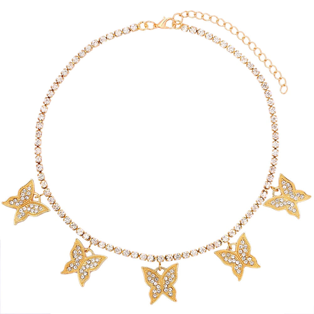 Gold Silver Color Butterfly Pendant Necklace Female Shiny Crystal Clavicle Chain Necklace