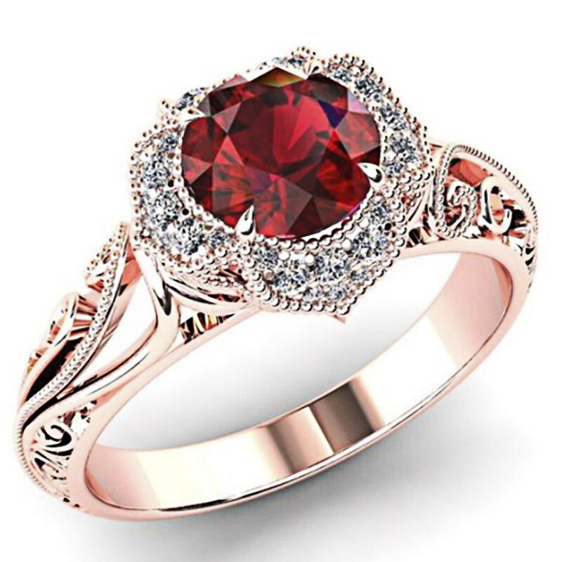 Luxury 3 Colors Fashion Inlaid Engraved Red Zirconia Pattern Hollow Ring