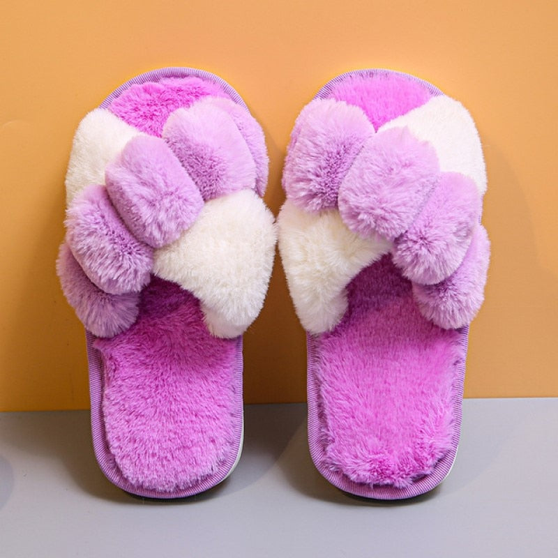 Furry Slippers Soft Plush Cross Faux Fur Shoes