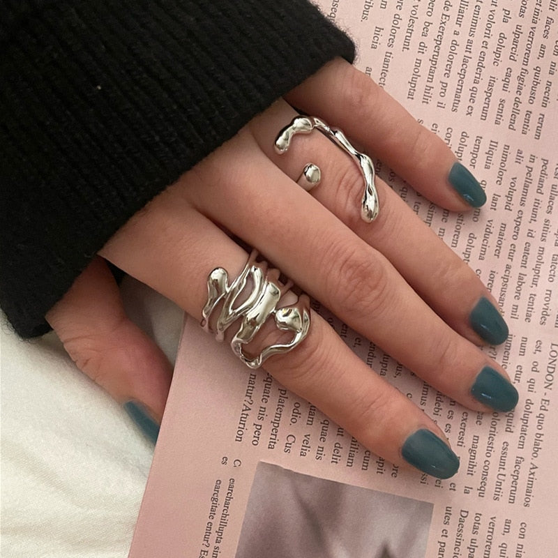 LIVVY Silver Color Irregular Hollow Wide Ring