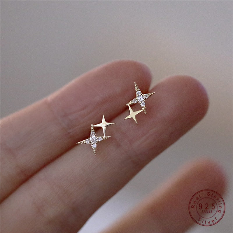 925 Sterling Silver Crystal Four-Pointed Star Earrings