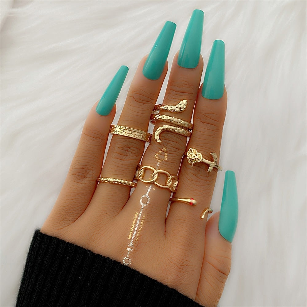 FNIO Bohemian Gold Color Chain Rings Set