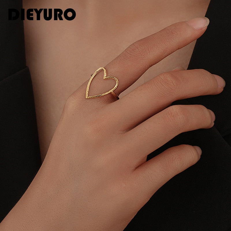 DIEYURO 316L Stainless Steel 2 Colours Love Heart Hollow Ring
