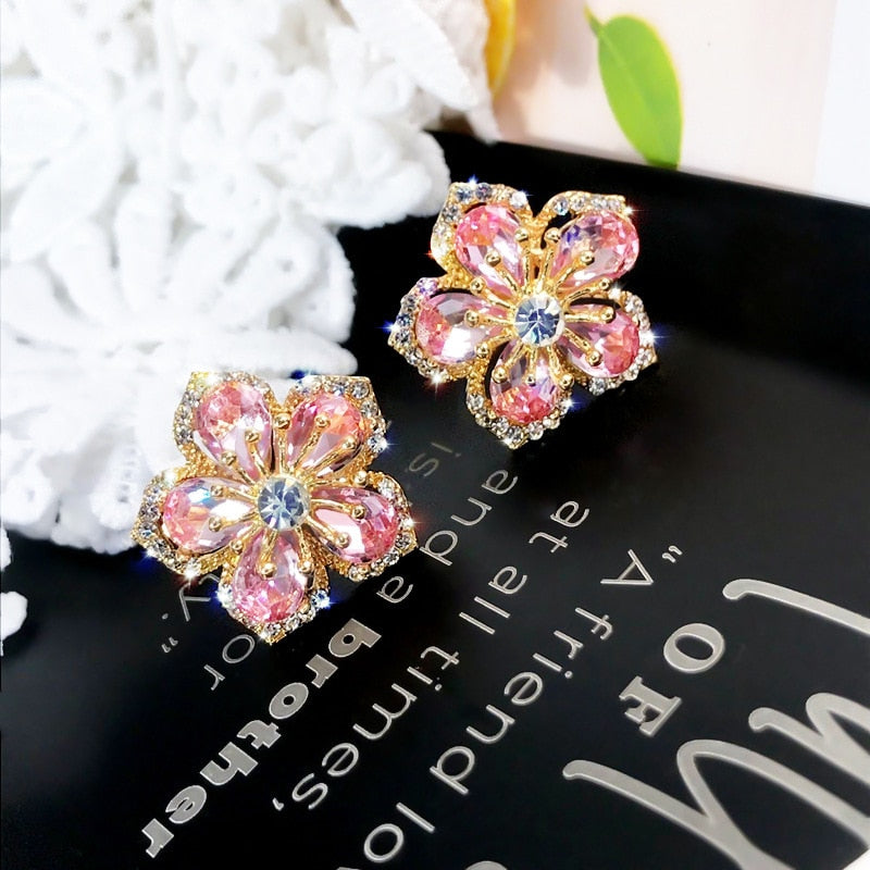 Korea Flower Crystal Temperament Geometric Shiny Zircon Earrings