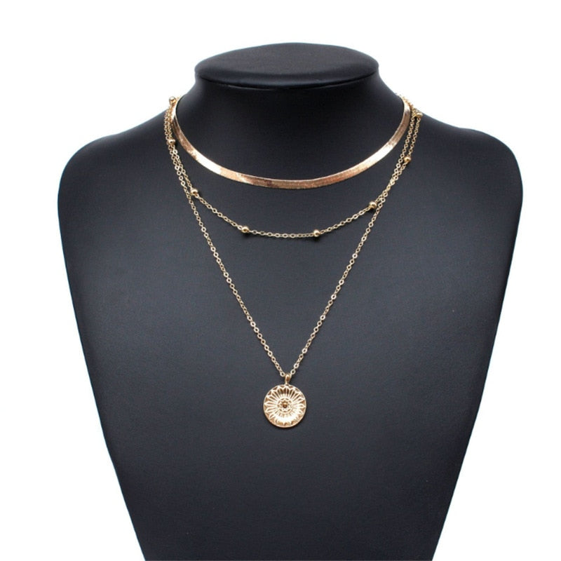 Fashion Layered Blade Snake Chain Silver Gold Coin Pendant Necklace