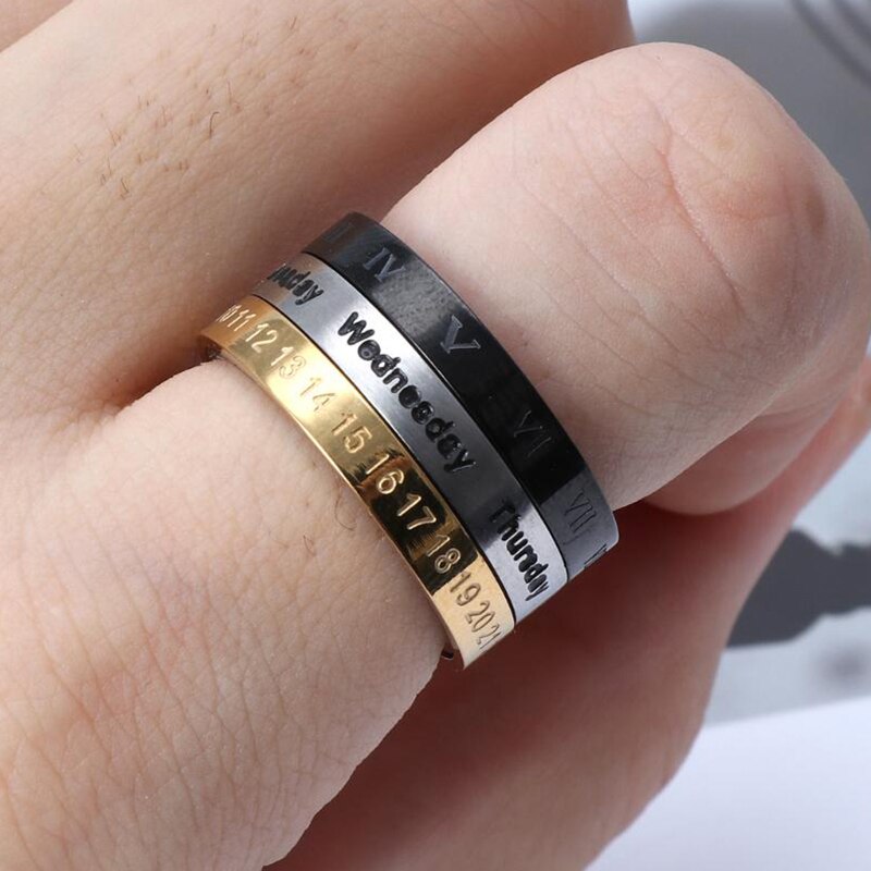 Titanium Steel Cool Punk Spinner Creative Rotatable 3 Part Roman Numerals Ring
