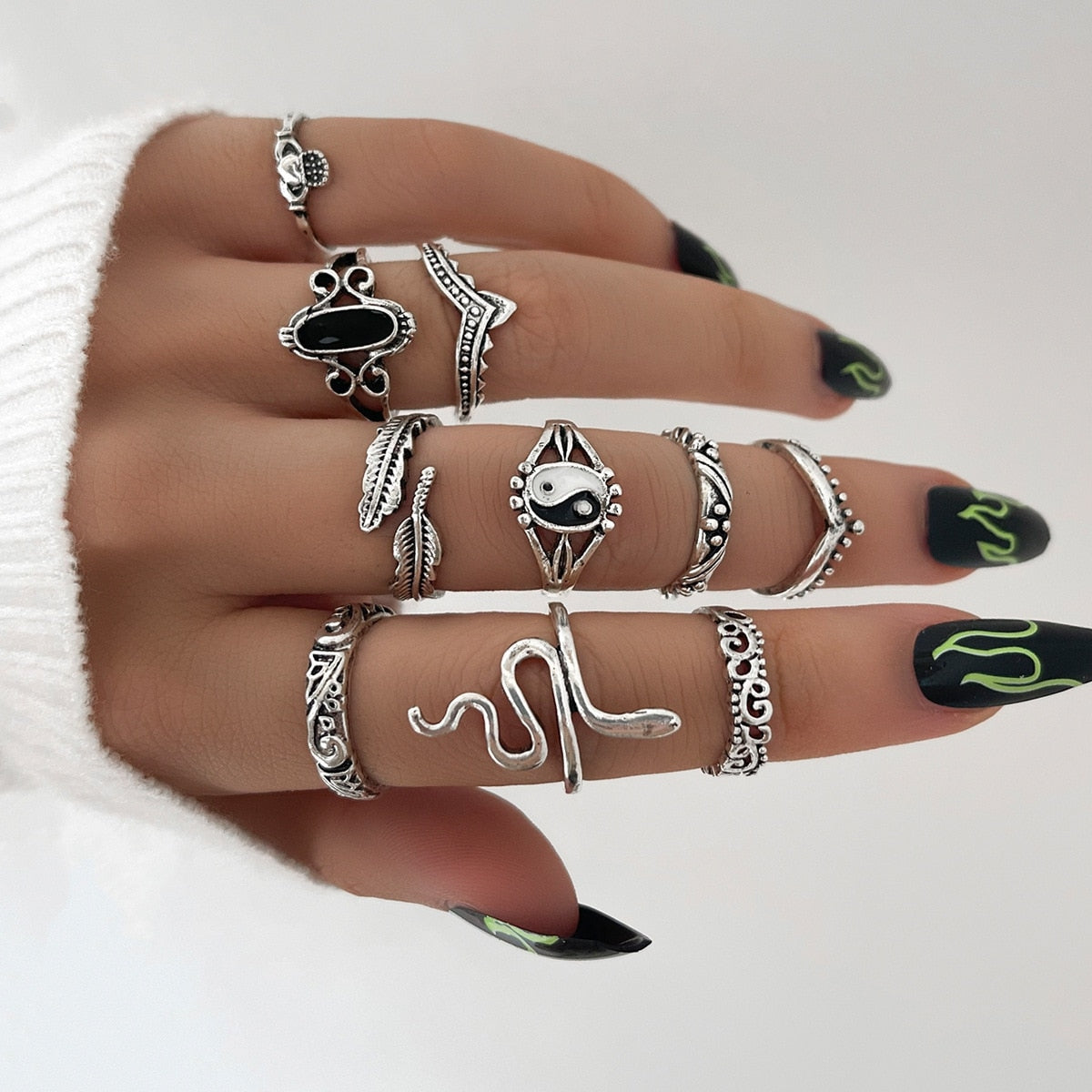 14 Pcs/Set Neo-Gothic Mixed Feather Elephant Star Moon Sun Ring