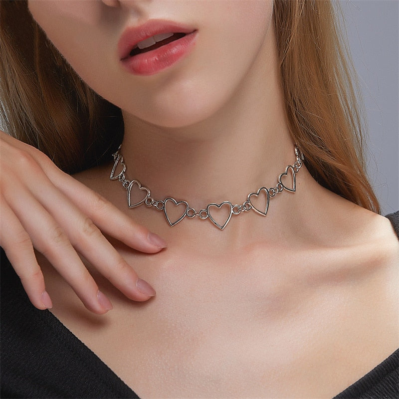 Kpop Vintage Metal Heart Neck Chains Choker Grunge Necklaces