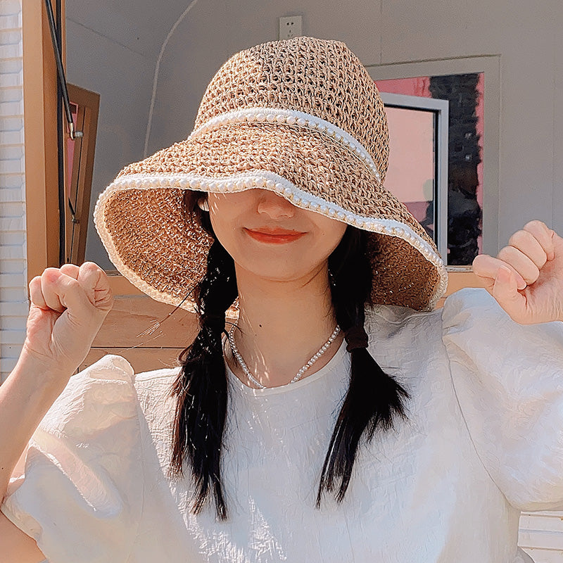 Straw Hat Ins Korean Style Lace-up Cutout Straw Hat Women's Summer Travel Sun-Proof Beach Sun Hat Pearl Edge Sun Hat