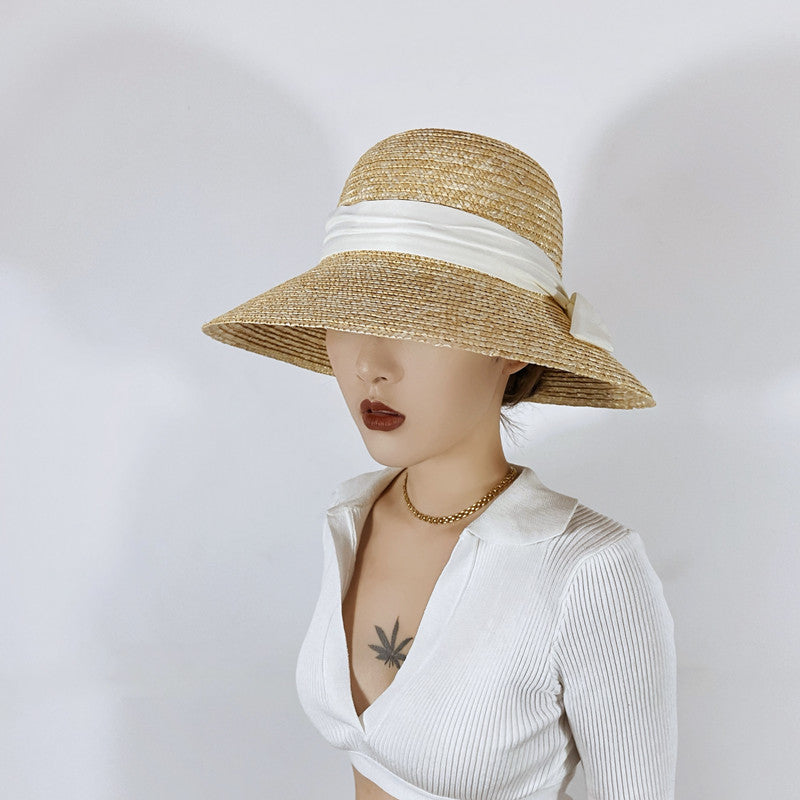 Hepburn Retro Style Dome Wheat-Straw Hat Big Brim Straw Woven Bucket Hat Women's Summer Outdoor Sun Protection Sunshade Hat