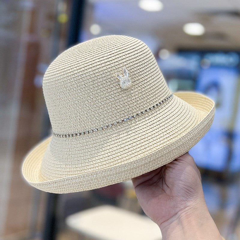 2023 Summer Elegance Fashionable Curled Brim Top Hat Women's Rhinestone Rabbit French Style Sun-Proof Trendy Straw Hat