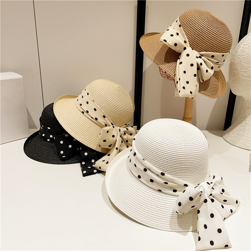Japanese Style Polka Dot Bow Curled Brim round Crown Straw Hat Bucket Hat Elegant Seaside Beach Hat Sunshade Sun Protection Hat for Women