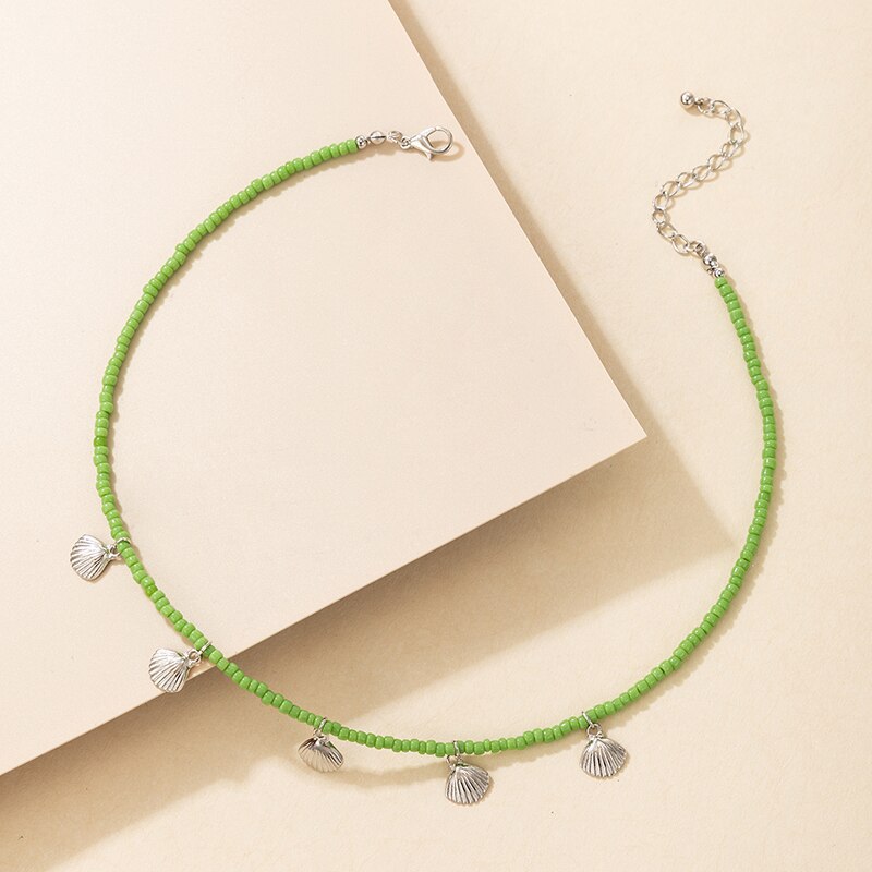 HuaTang Bohemian Green Rhinestone Shell Choker Pendant Necklace