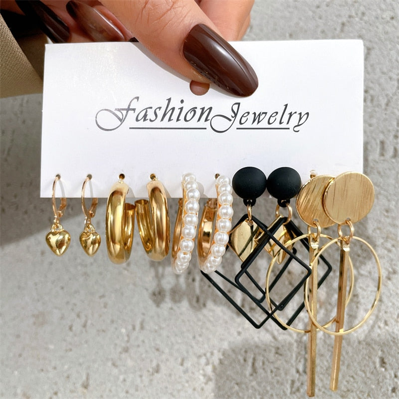 17KM Vintage Geometric Gold Plated Metal Earrings Set